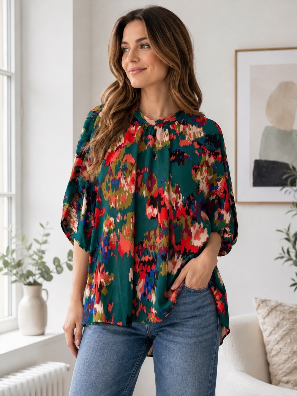 SHEIN Floral-Print Green Blouse